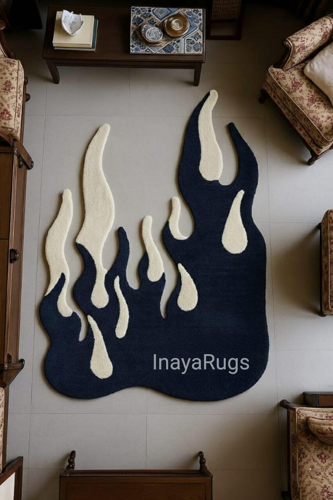 Fire Rugs Custom Navy Blue Flame Shaped Rug, Modern Abstract Fire Rug, Handmade Tufted ...