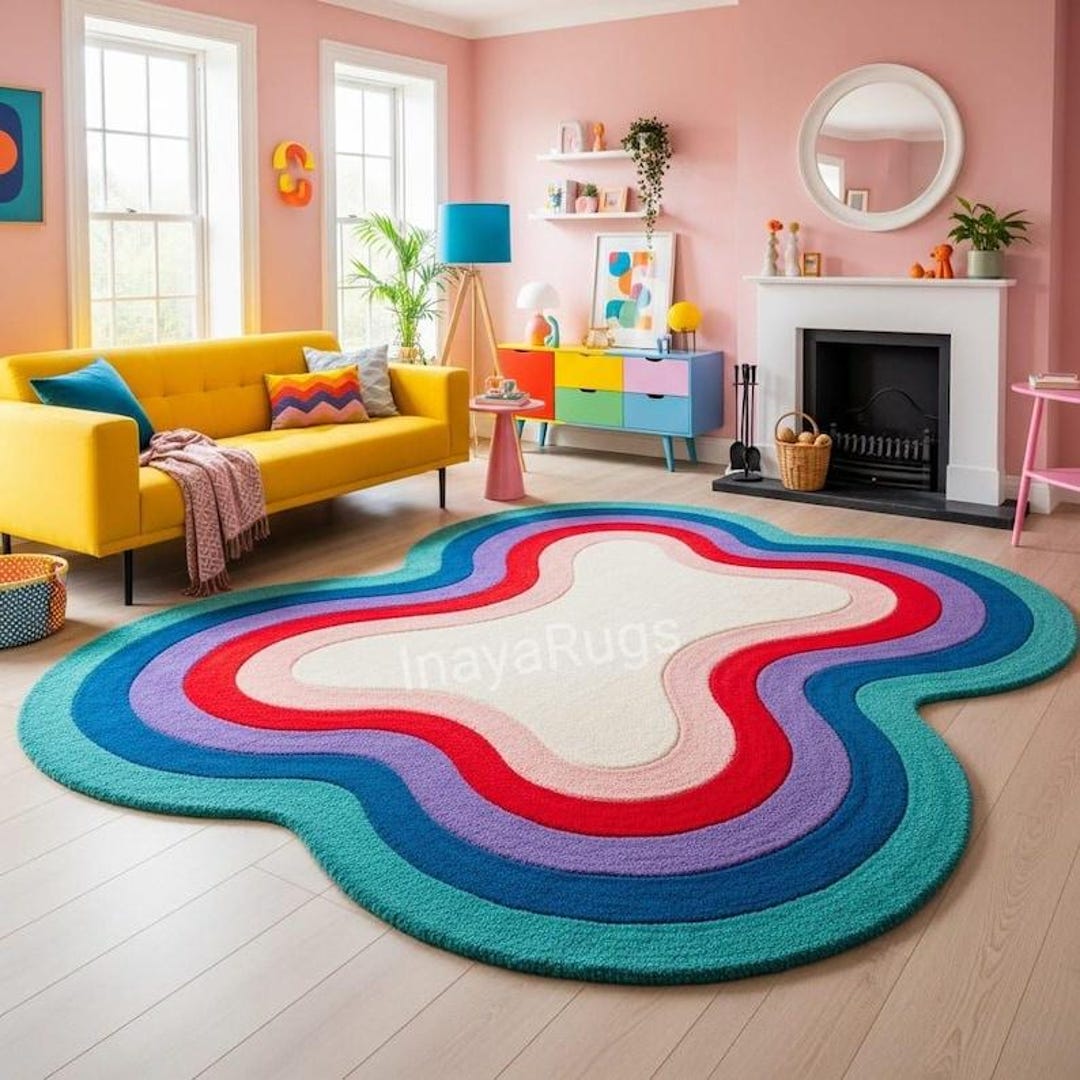 Hand-tufted Rainbow Wool Rug, Colorful Abstract Wavyrug, Retro Rainbow ...