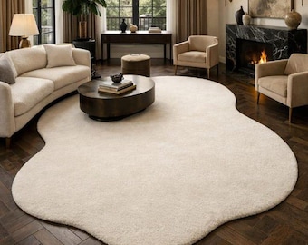 Organic Shaped White Area Rug, Luxury Plush Cream Rug, 6 x 9 ft. Modern Irregular Carpet, Soft Shag Living Room Rug, Handmade Tufted Rug