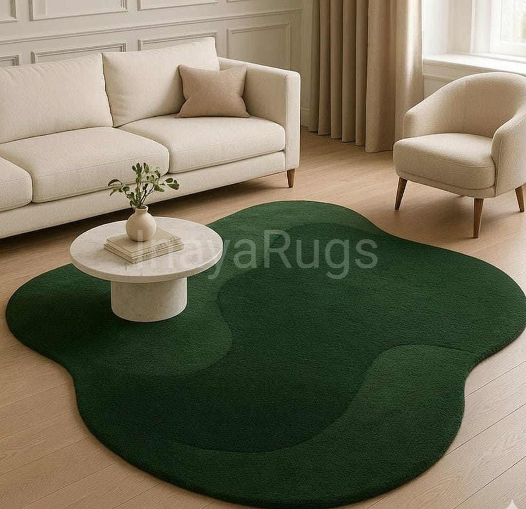 Organic Green Rug Modern Organic Shape Green Wool Rug – Forest Green Abstract Carpet ...