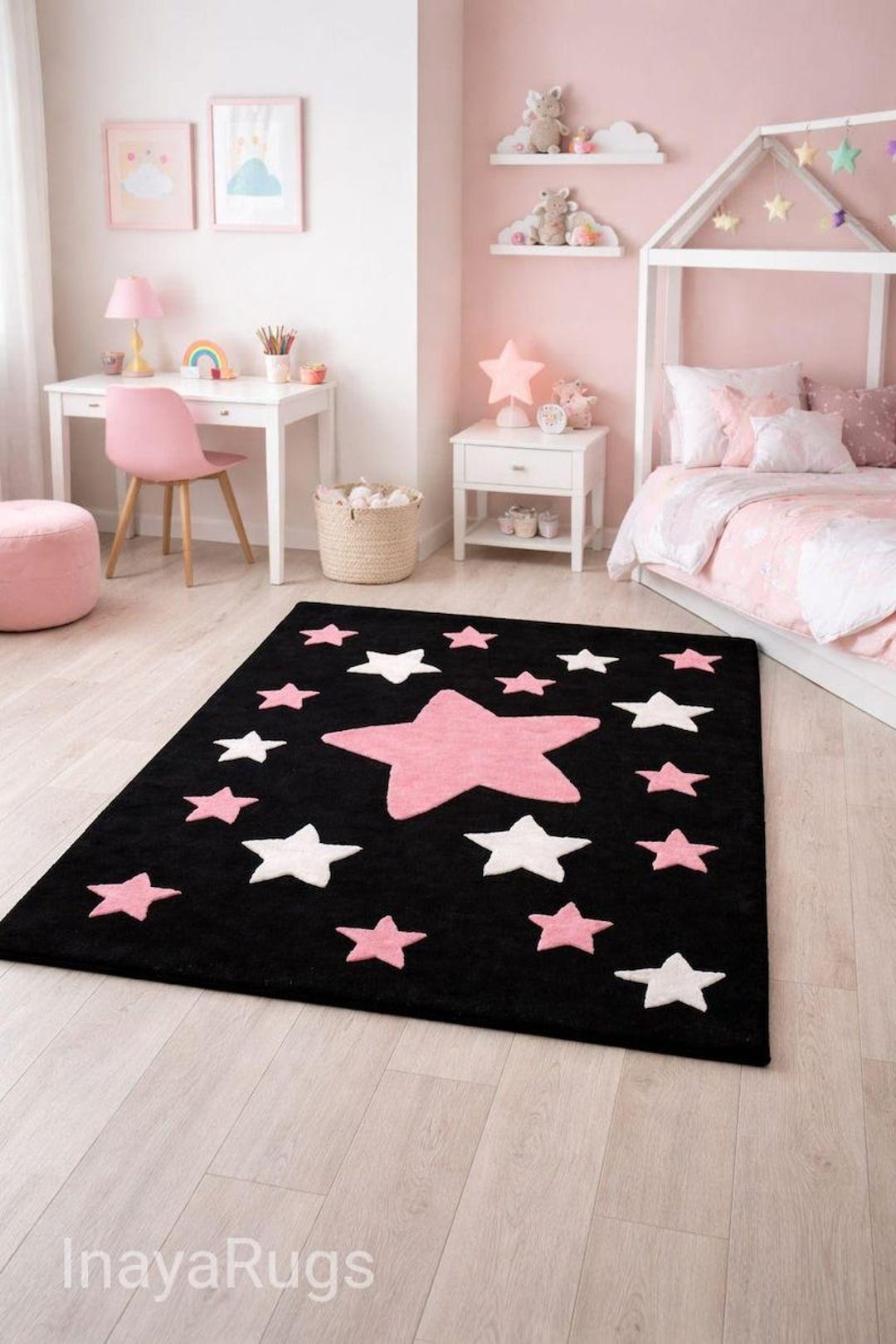 Black Star Kids Rug, Pink Nursery Rug, Hand Tufted Star Carpet, Girls ...