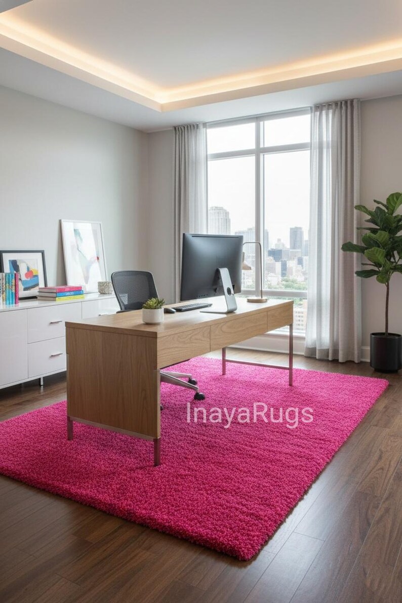 May include: A modern office space featuring a vibrant pink shag rug. The room includes a wooden desk, a black office chair, and a large window with city views. The rug covers most of the floor space.