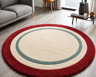 Round Hand Tufted Rug, Modern Circular Area Rug, Cream Red Border Rug, 8x10/9x12 Minimalist Living Room Carpet, Custom Size Rug