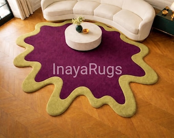 Modern Abstract Blob Rug, Purple and Olive Green Area Rug, Irregular Shape Carpet, Contemporary Living Room Rug, Unique Artistic Floor Decor