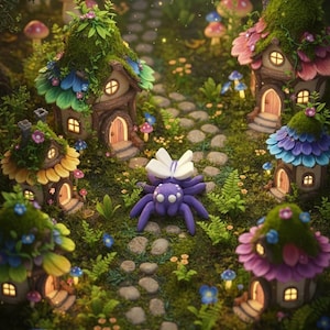 Peut inclure: Scène fantaisiste de minuscules maisons de fées aux toits colorés et aux fenêtres éclairées, nichées dans un paysage verdoyant. Une araignée violette avec un nœud blanc est sur un chemin de pierre. Champignons et fleurs parsèment la scène.