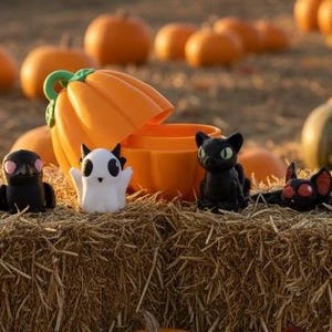 May include: A selection of Halloween-themed figurines, such as a black cat, owl, bat, and ghost, displayed on a hay bale. An orange pumpkin-shaped container is open, with pumpkins in the background.