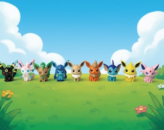 May include: A collection of nine colorful Pokémon figures, including Eevee and its evolutions, are arranged on a green grassy field under a blue sky with clouds. Each figure has unique colors and designs, perfect for collectors.