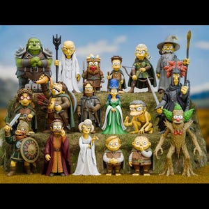 May include: A collection of figurines depicting characters from The Simpsons in fantasy attire. The figures are arranged on a grassy mound, with a variety of costumes and accessories, including swords, staffs, and armor. The background is a blue sky.