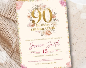 Faire-part 90e anniversaire pour grand-mère, modèle de toile numérique imprimable et modifiable, floral 90 ans