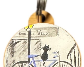Bamboo Keyring The Cat on a Bike