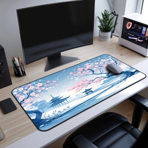 Japanese Cherry Blossom Gaming Mouse Pad Large Mousepad, Stitched Edges, Keyboard Mouse Desk Mat for Work Game Office Home XL, MTG Play Mat