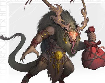 May include: Illustration of Krampus, a mythical creature, from Design Duels. The figure has horns, fur, and a long tail, holding a red sack. The image has text that reads "EP 3: KRAMPUS" and "DESIGN DUELS".