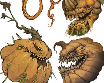 May include: Illustration of several monstrous pumpkin designs. The pumpkins are various shades of orange and brown, with sharp teeth, menacing expressions, and spiky vines. The text "EP 2: PUMPKIN SMASHER" and "DESIGN DUELS" are visible.
