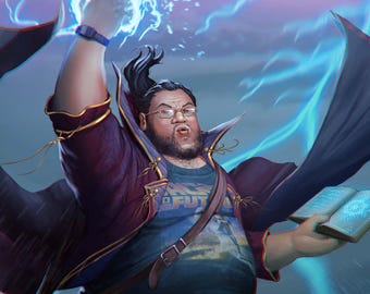 May include: Digital illustration of a man in a wizard's robe, conjuring blue energy. He wears glasses, a t-shirt, and shorts. The image includes the text "EP 6: LEROY THE FORMIDABLE" and "DESIGN DUELS".