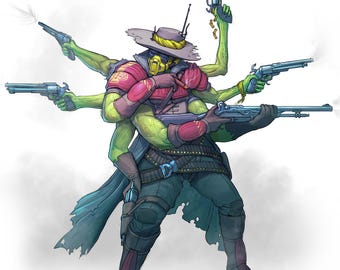 May include: Illustration of a multi-armed, green-skinned mutant gunslinger with six revolvers and a rifle. The figure wears a cowboy hat, red armor, and dark pants. Text at the top reads "EP 5: MUTANT GUNSLINGER" and "DESIGN DUELS" at the bottom.