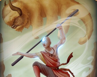 May include: A bald, blue-skinned man in a red and brown robe, with a staff in his hands, is standing on a rock with a swirling pattern. He is surrounded by a white mist and a large, furry, light brown animal is in the background.