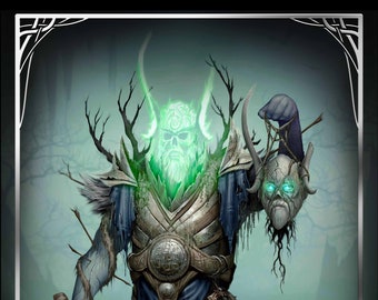 May include: A green and blue skeletal figure with a skull head and a severed head in its hand. The figure is wearing armor and holding an axe. The background is a dark forest. The text "DULLAHAN" is at the bottom of the image.