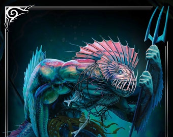 May include: A blue and green creature with a fish-like head and a trident, swimming in a dark blue ocean. The creature has a pink fin on its back and is holding a blue and white spear. The text "KODROR GI-RESO" is written in white on the right side of the image.