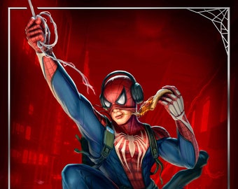 May include: A red and blue superhero costume with a spider logo. The figure is wearing headphones and holding a slice of pizza. The background is a red cityscape.