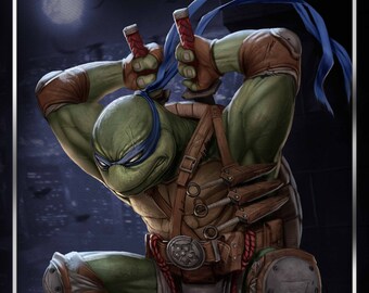 May include: A green ninja turtle with a blue bandana, wearing brown leather armor and holding two katanas. The turtle is standing on a black and white circular platform with a symbol in the center. The background is a dark cityscape with a full moon.