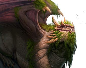 May include: Illustration of a swamp dragon with a large, maroon wing and green moss-like texture. The dragon is perched on a rock formation, with the text "EP 1: SWAMP DRAGON" at the top and "DESIGN DUELS" at the bottom.