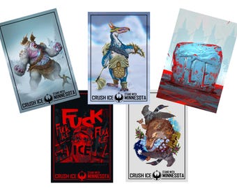 May include: A collection of five art prints with illustrations and text. The prints feature various creatures and designs, including a monster, a bird-like figure, and a wolf. The text includes "CRUSH ICE" and "STAND WITH MINNESOTA".