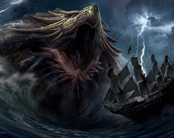 May include: A large, green, reptilian sea monster with a gaping maw emerges from the stormy sea, its head and neck rising above the waves. A black sailing ship with billowing sails is dwarfed by the creature, caught in the churning water.