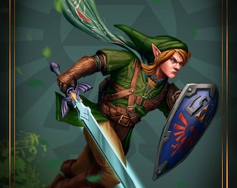 May include: A green-clad video game character, Link, wielding a blue sword and a blue shield with the Triforce symbol. He is leaping through the air, surrounded by green foliage and a green background.