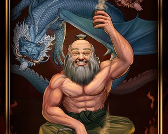 May include: A muscular man with a long white beard sits cross-legged on a platform with a teapot and a cup of tea. Two dragons, one blue and one red, are behind him. The man is smiling and holding a cup of tea in his right hand. The dragons are both looking at the man.
