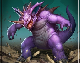 May include: A digital illustration of a purple, horned creature with sharp teeth and claws. The creature is in a dynamic pose, with a background of broken earth and a teal gradient. The image has a gold border and the number "#034" at the bottom.