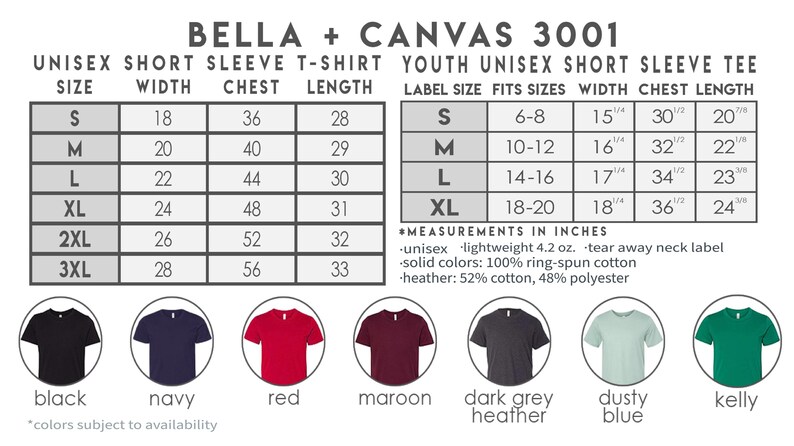K&ouml;nnte beinhalten: Gr&ouml;&szlig;entabelle f&uuml;r Bella + Canvas 3001 Unisex-T-Shirts mit kurzen &Auml;rmeln und Unisex-T-Shirts mit kurzen &Auml;rmeln f&uuml;r Kinder. Die Tabelle zeigt Gr&ouml;&szlig;en, Breite, Brustumfang und L&auml;nge in Zoll. Die Tabelle enth&auml;lt auch Farbmuster f&uuml;r Schwarz, Marine, Rot, Maroon, Dunkelgrau meliert, Staubblau und Kellygr&uuml;n.