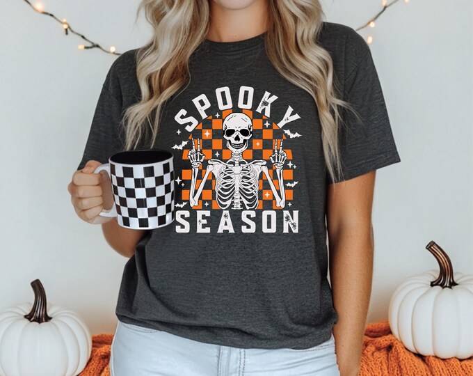 Retro Halloween Shirt | Checkered Skeleton Halloween Shirt | Halloween Peace Sign | Fall Shirt | Free Shipping