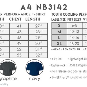 May include: A size chart for men's and youth cooling performance t-shirts. The chart shows the size, width, chest, and length measurements in inches. The chart also includes a description of the shirt's features, such as silky feel, lightweight fabric, moisture wicking, tag free neck, fade and snag resistant, micro poly interlock, stain release and odor resistant, and 44+ UPF for UV sun protection. The chart is illustrated with three t-shirts in black, graphite, and navy.