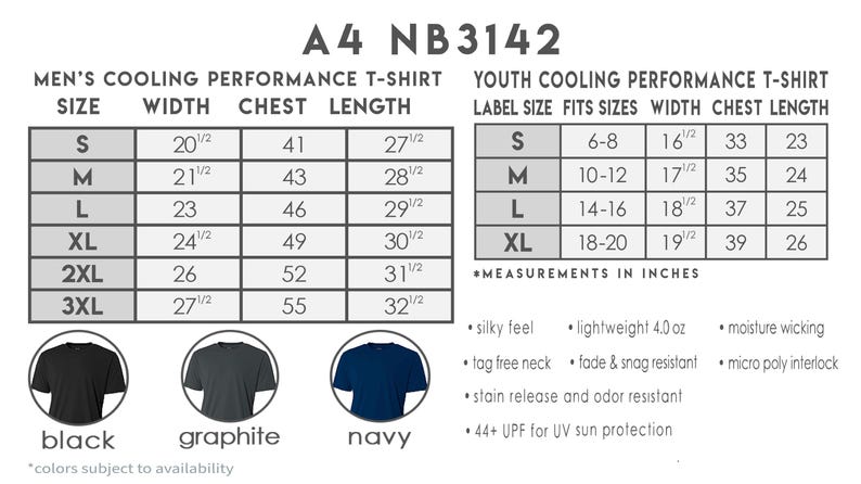 K&ouml;nnte beinhalten: Eine Gr&ouml;&szlig;entabelle f&uuml;r K&uuml;hl-Performance-T-Shirts f&uuml;r Herren und Jugendliche. Die Tabelle zeigt die Gr&ouml;&szlig;en, die Breite, die Brustweite und die L&auml;nge in Zoll. Die Tabelle enth&auml;lt auch einen Farbmuster f&uuml;r schwarze, graue und marine T-Shirts. Der Text "A4 NB3142" befindet sich oben in der Tabelle.