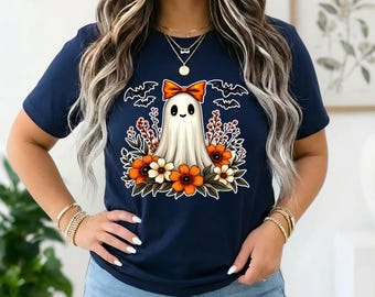 Classy Ghost Halloween Shirt | Floral Bat Autumn Tee