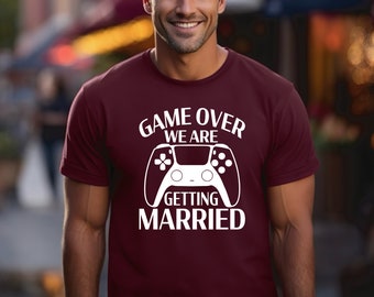 Game Over, Love Wins - Funny Wedding Announcement T-Shirt | Moisture Wicking Shirt for Him | Engagement Party | Engagement Announcement