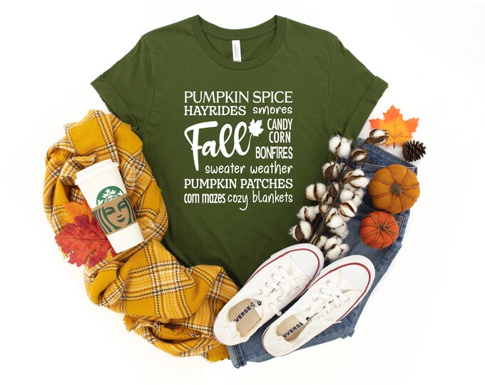 Fall Shirt | All Things Fall T Shirt | Bonfires Smores Hayrides Corn Mazes Pumpkin Spice | Autumn Shirt | Thanksgiving | Ships Free