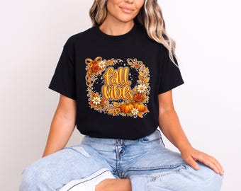 Fall Vibes Shirt | Autumn Leaves Pumpkins Graphic Tee