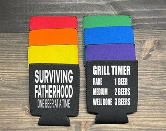 Beer Coozie | Grill Timer Can Cooler | Surviving Fatherhood One Beer at a Time | Rare 1 Beer Medium 2 Beers Well Done 3 Beers