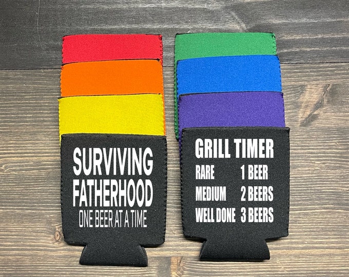Beer Coozie | Grill Timer Can Cooler | Surviving Fatherhood One Beer at a Time | Rare 1 Beer Medium 2 Beers Well Done 3 Beers