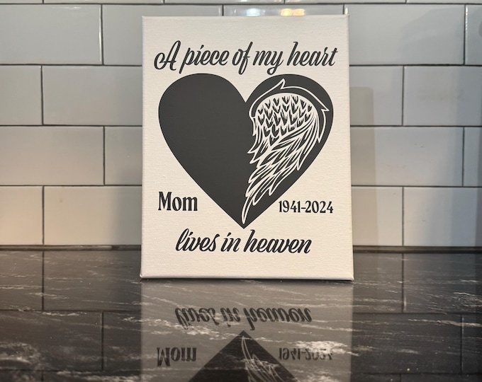 Personalized Memorial Sign | Angel Wing | A Piece of My Heart Lives in Heaven Quote | Custom Memorial Canvas Sign | Celebration of life sign