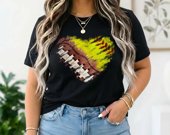 Mom of Both Distressed Football Softball Heart Shirt