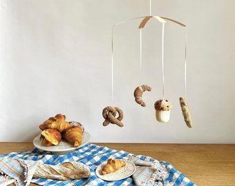 Boulangerie Baked Goods Wool Mobile: Handmade Croissant, Baguette, Pretzel and Muffin Nursery Decor