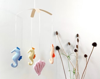 Pastel Seahorses and Shell Wool Mobile