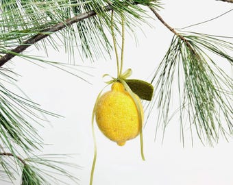 Lemon Upcycled Wool Ornament: Hand-Beaded Festive Christmas Tree Decor