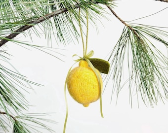 Lemon Upcycled Wool Ornament: Hand-Beaded Festive Christmas Tree Decor