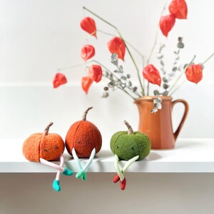 Op de afbeelding: Drie vilten pompoenen met benen en gezichten zitten op een wit rek. De pompoenen zijn oranje, groen en rood. Het rek staat voor een witte muur met een vaas met rode bloemen.