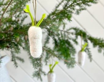 Daikon Radish Upcycled Wool Ornament: Handmade Christmas Tree Decor