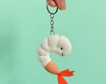 Hand-Embroidered Wool Happy Shrimp Keychain: Quirky Foodie Bag Charm