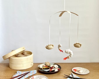 Shrimp and Dumpling Wool Mobile: Handmade Dim Sum Nursey Decor